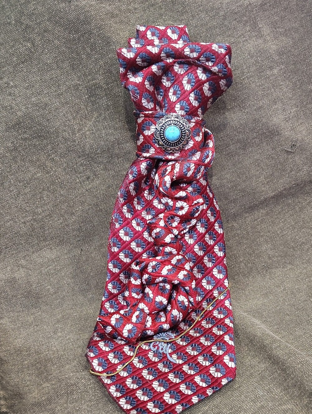 Red Patterned Women's Neck Tie with Turquoise-Style Concho
